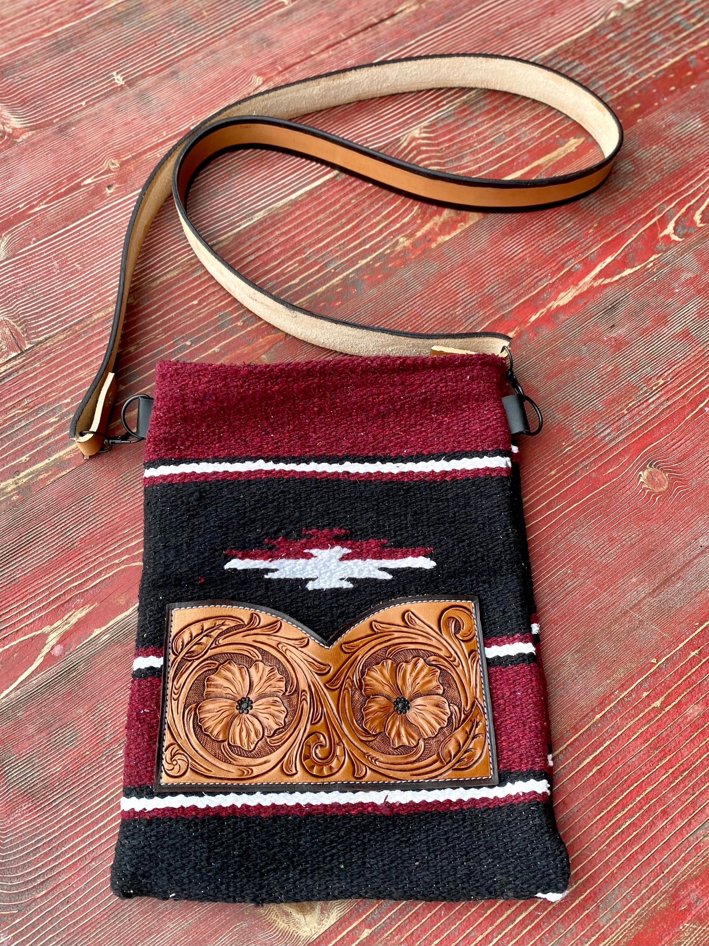 Burgundy Saddle Blanket Bucket Bag w/Tooled Exterior Pocket