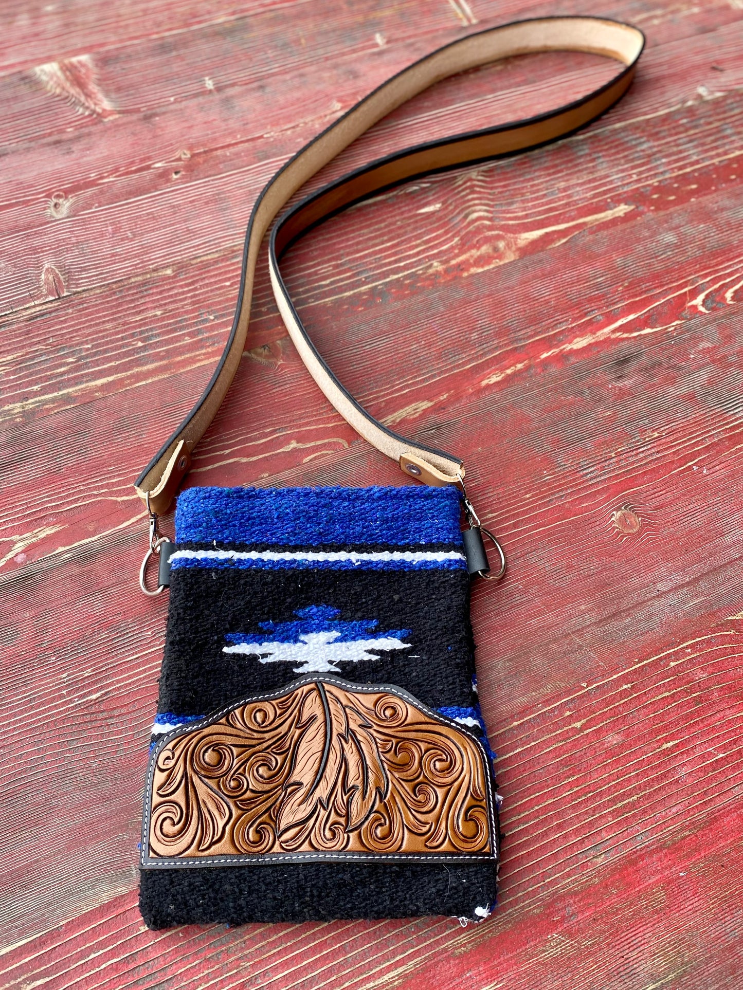 Blue Saddle Blanket Bucket Bag w/Tooled Exterior Pocket