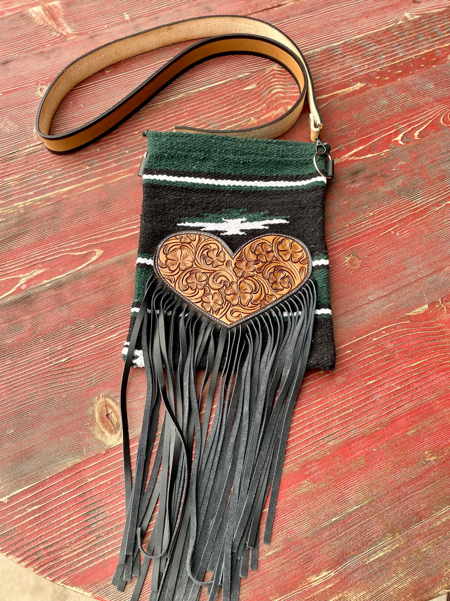 Green Saddle Blanket Bucket Bag w/Tooled Exterior Pocket & Fringe